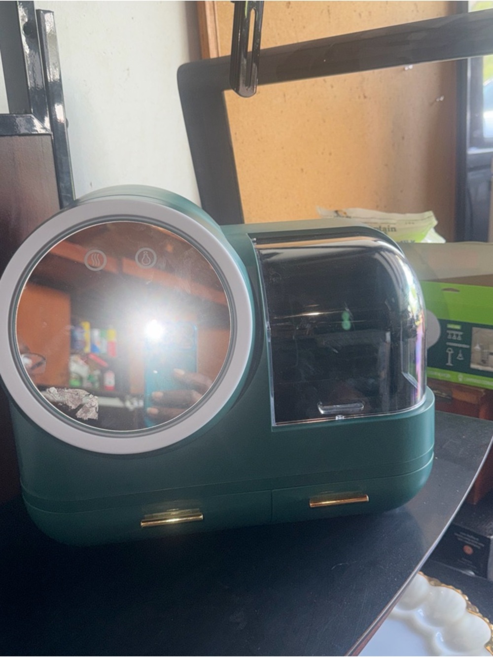 Portable Green Vanity Organizer with Mirror